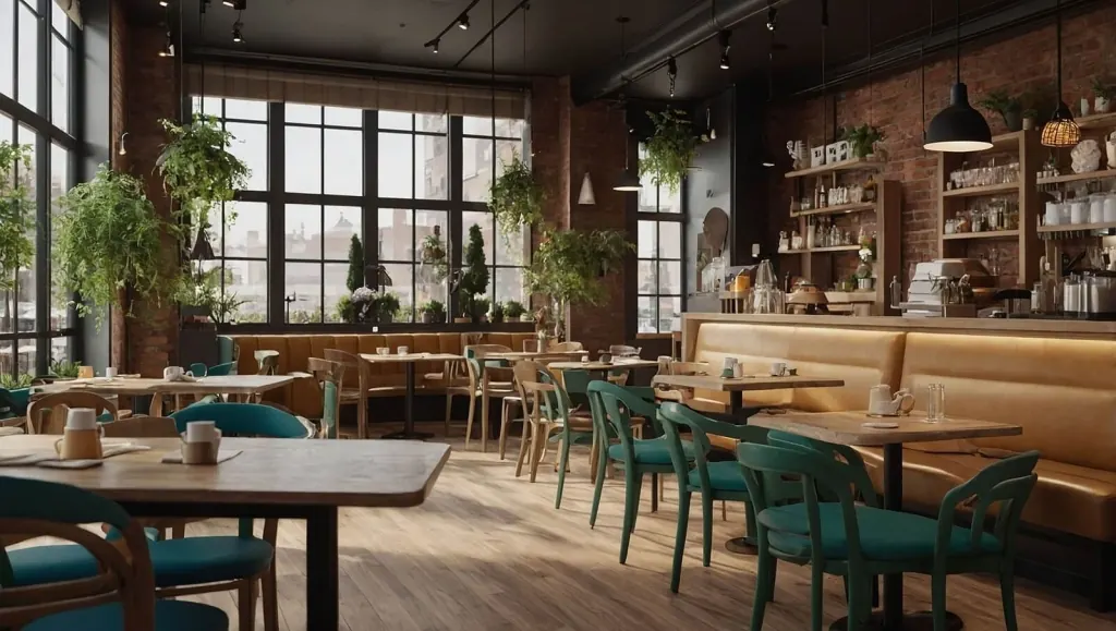 Wnętrze restauracji z drewnianymi stołami, zielonymi krzesłami i roślinami przy oknach